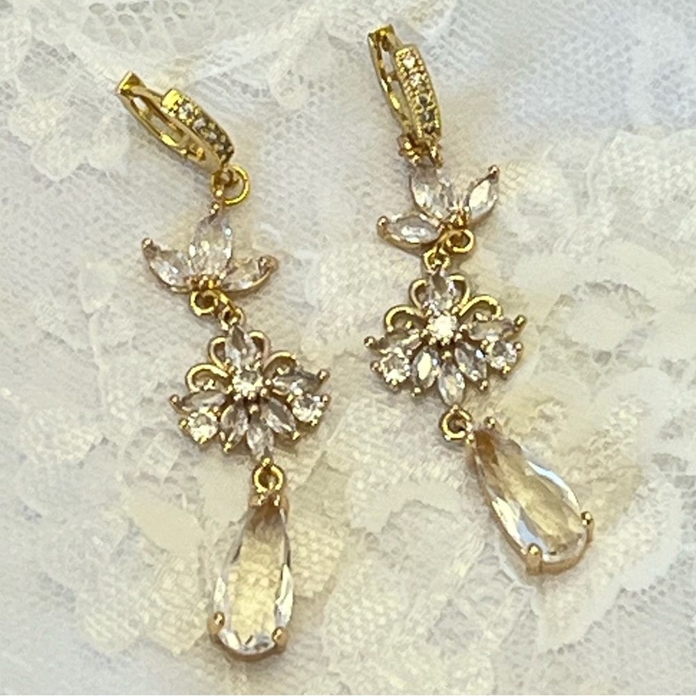 Gold and White Rhinestone Handmade Bridal Formal Dangle Earrings